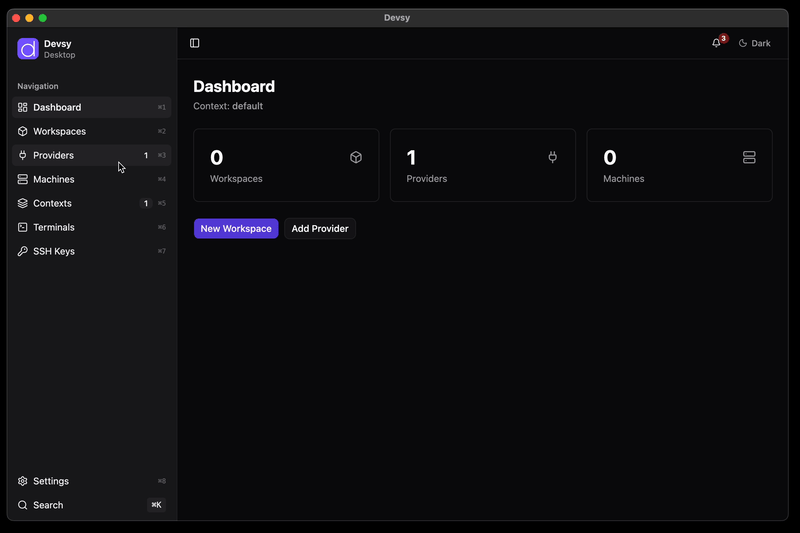 Animated demo of launching Devsy, connecting to a workspace, and opening it in an IDE