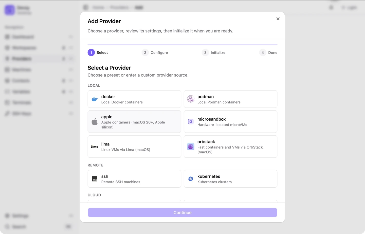 Devsy Desktop provider chooser with local and remote options, including Docker, MicroSandbox, SSH, and Kubernetes.